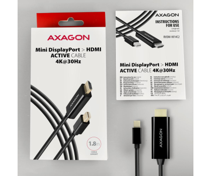 Kabel i złączka AXAGON RVDM-HI14C2 Konwerter/kabel aktywny Mini DP > HDMI 1.4 kabel 1.8m4K/30Hz
